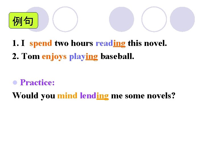 例句 1. I spend two hours reading this novel. 2. Tom enjoys playing baseball. 例句 1. I spend two hours reading this novel. 2. Tom enjoys playing baseball.