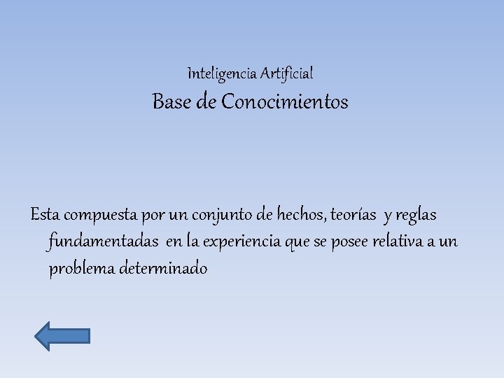 Inteligencia Artificial Base de Conocimientos Esta compuesta por un conjunto de hechos, teorías y