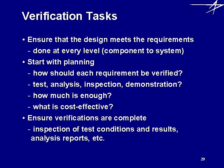 Verification Tasks • Ensure that the design meets the requirements - done at every