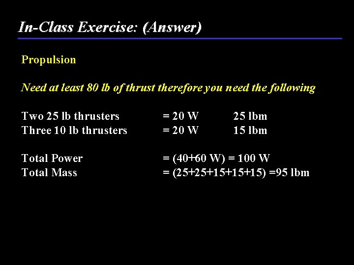 In-Class Exercise: (Answer) Propulsion Need at least 80 lb of thrust therefore you need