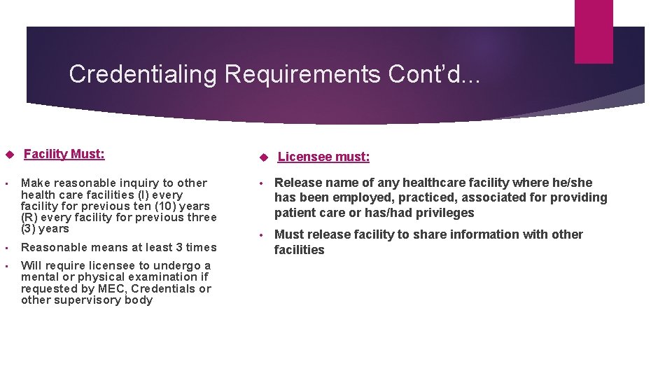 Credentialing Requirements Cont’d. . . • Facility Must: Make reasonable inquiry to other health