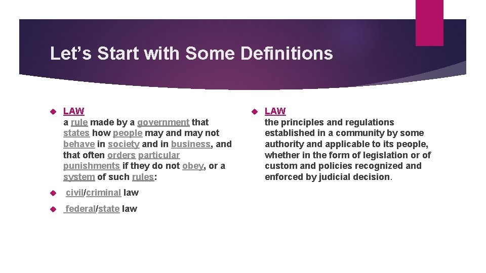 Let’s Start with Some Definitions LAW a rule made by a government that states