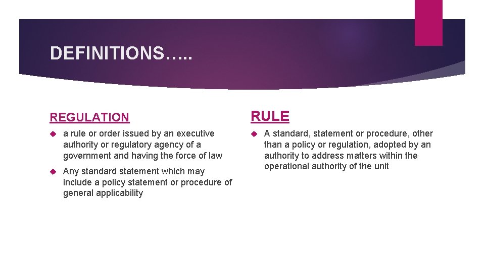 DEFINITIONS…. . REGULATION a rule or order issued by an executive authority or regulatory