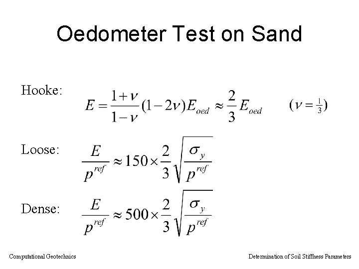 Oedometer Test on Sand Hooke: Loose: Dense: Computational Geotechnics Determination of Soil Stiffness Parameters