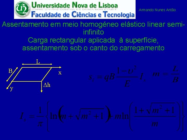 Armando Nunes Antão Assentamento em meio homogéneo elástico linear semiinfinito Carga rectangular aplicada à