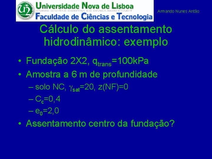 Armando Nunes Antão Cálculo do assentamento hidrodinâmico: exemplo • Fundação 2 X 2, qtrans=100