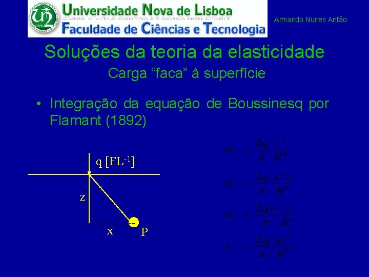 Armando Nunes Antão Soluções da teoria da elasticidade Carga “faca” à superfície • Integração