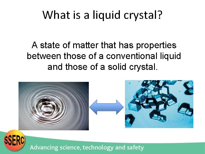 What is a liquid crystal? A state of matter that has properties between those