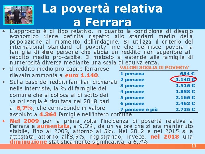 La povertà relativa a Ferrara • L’approccio è di tipo relativo, in quanto la