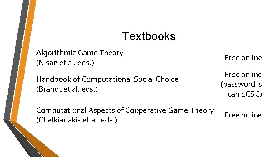 Textbooks Algorithmic Game Theory (Nisan et al. eds. ) Handbook of Computational Social Choice Textbooks Algorithmic Game Theory (Nisan et al. eds. ) Handbook of Computational Social Choice