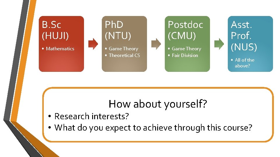 B. Sc (HUJI) Ph. D (NTU) Postdoc (CMU) • Mathematics • Game Theory • B. Sc (HUJI) Ph. D (NTU) Postdoc (CMU) • Mathematics • Game Theory •