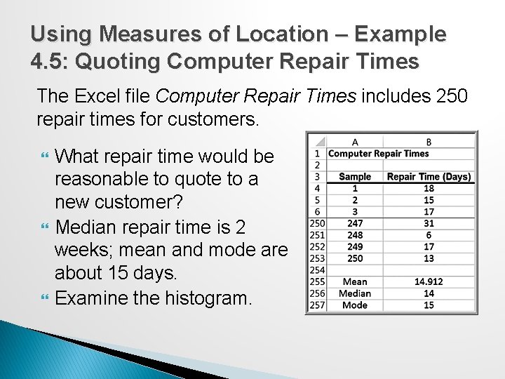 Using Measures of Location – Example 4. 5: Quoting Computer Repair Times The Excel