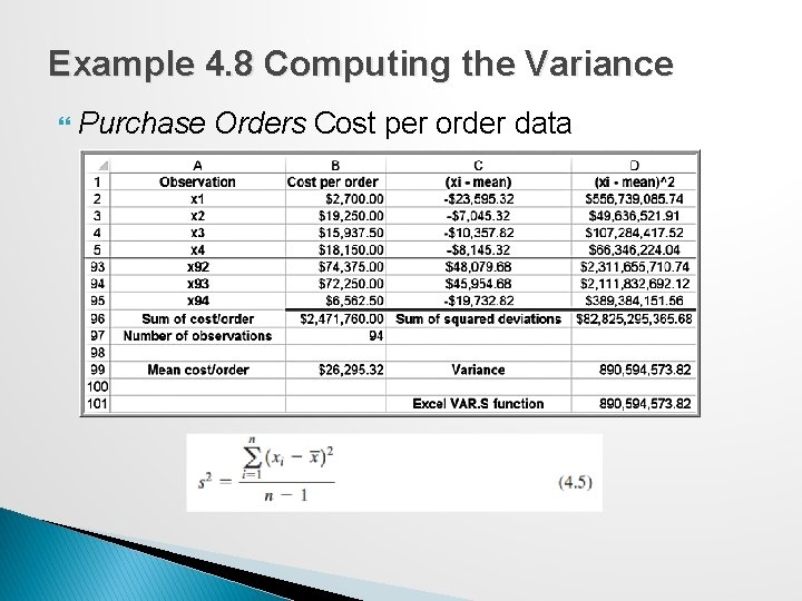 Example 4. 8 Computing the Variance Purchase Orders Cost per order data 