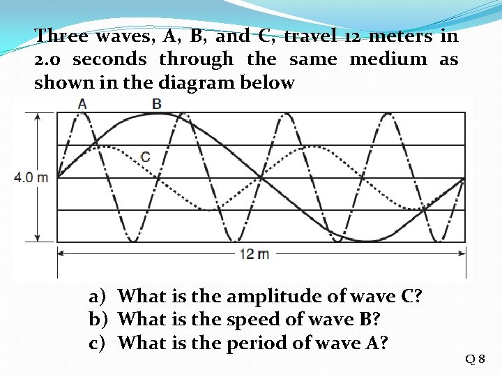Three waves, A, B, and C, travel 12 meters in 2. 0 seconds through