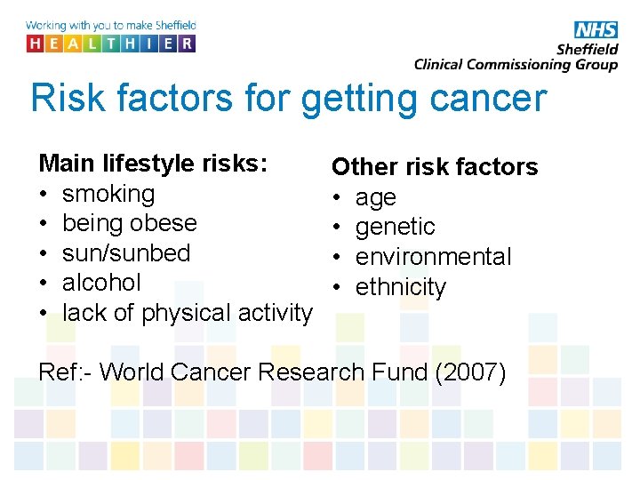 Risk factors for getting cancer Main lifestyle risks: • smoking • being obese •