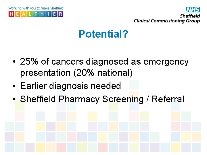 Potential? • 25% of cancers diagnosed as emergency presentation (20% national) • Earlier diagnosis