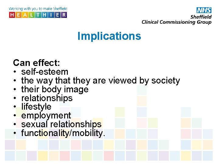 Implications Can effect: • self-esteem • the way that they are viewed by society