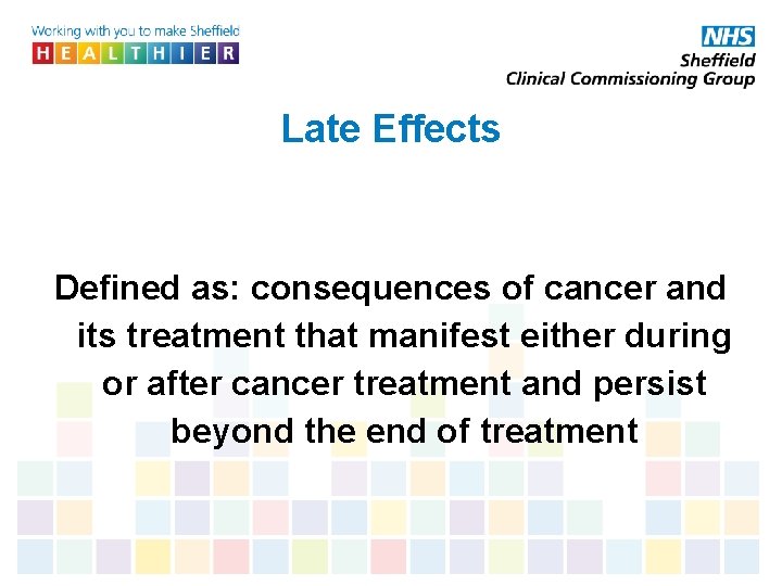 Late Effects Defined as: consequences of cancer and its treatment that manifest either during