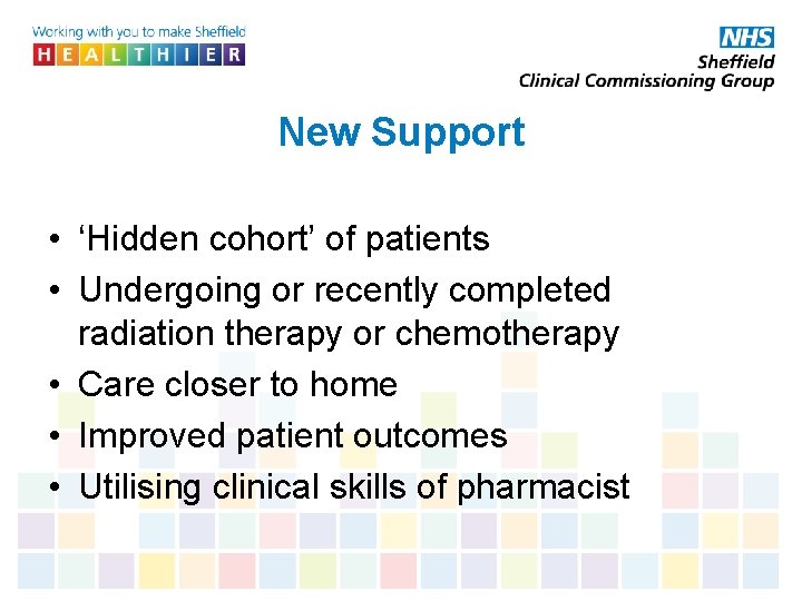 New Support • ‘Hidden cohort’ of patients • Undergoing or recently completed radiation therapy