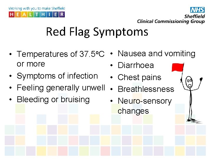 Red Flag Symptoms • Temperatures of 37. 5 o. C or more • Symptoms