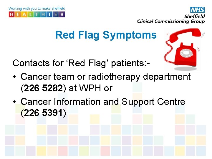 Red Flag Symptoms Contacts for ‘Red Flag’ patients: • Cancer team or radiotherapy department