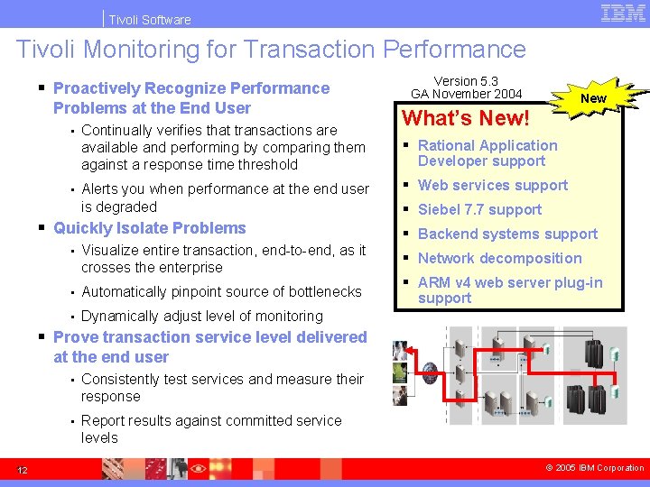 Tivoli Software Tivoli Monitoring for Transaction Performance Version 5. 3 GA November 2004 §