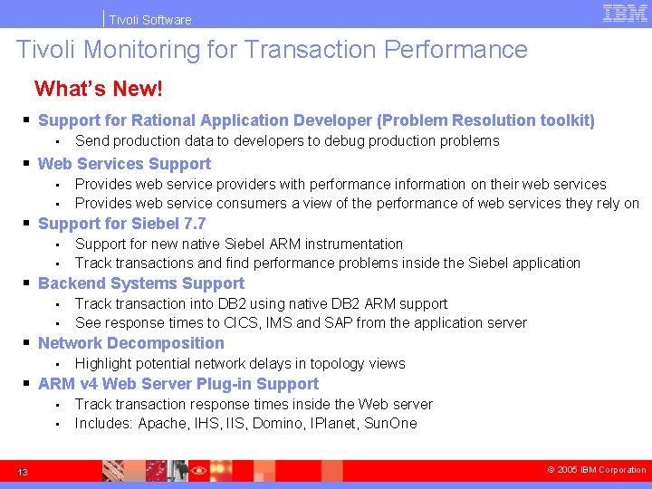 Tivoli Software Tivoli Monitoring for Transaction Performance What’s New! § Support for Rational Application