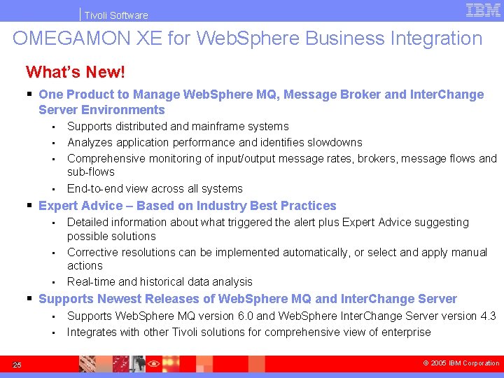 Tivoli Software OMEGAMON XE for Web. Sphere Business Integration What’s New! § One Product