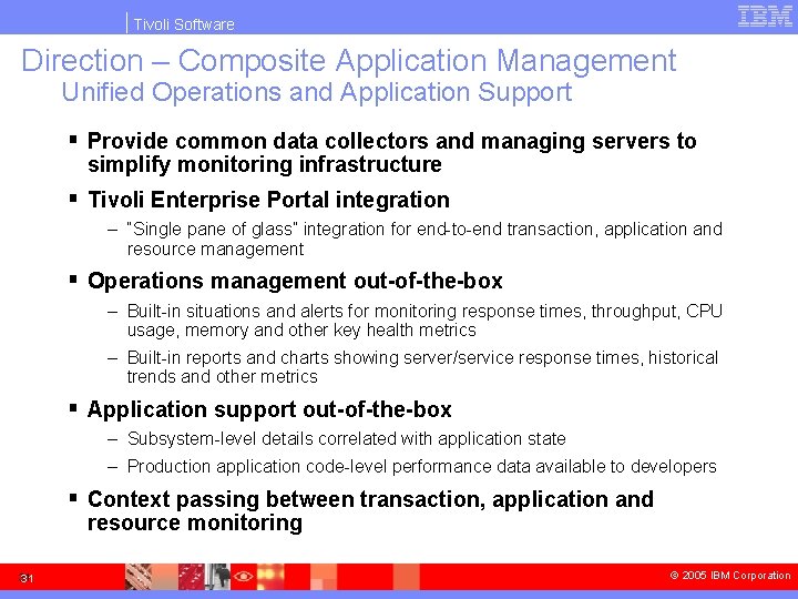 Tivoli Software Direction – Composite Application Management Unified Operations and Application Support § Provide