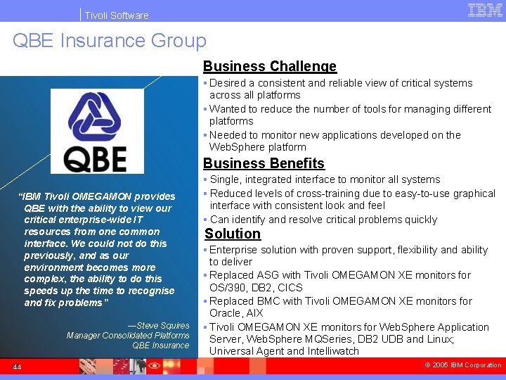 Tivoli Software QBE Insurance Group Business Challenge § Desired a consistent and reliable view