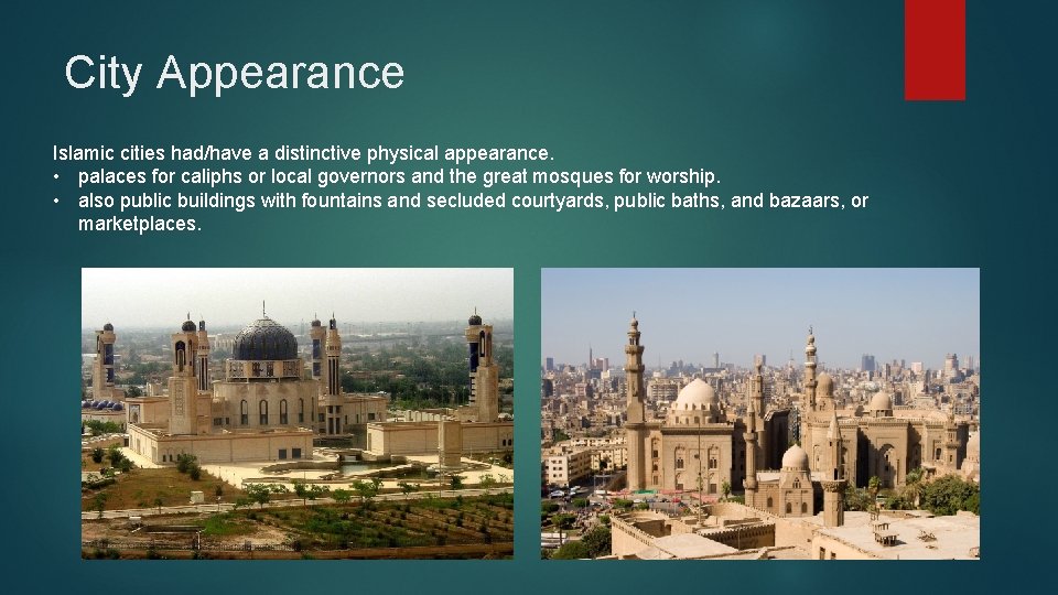 City Appearance Islamic cities had/have a distinctive physical appearance. • palaces for caliphs or