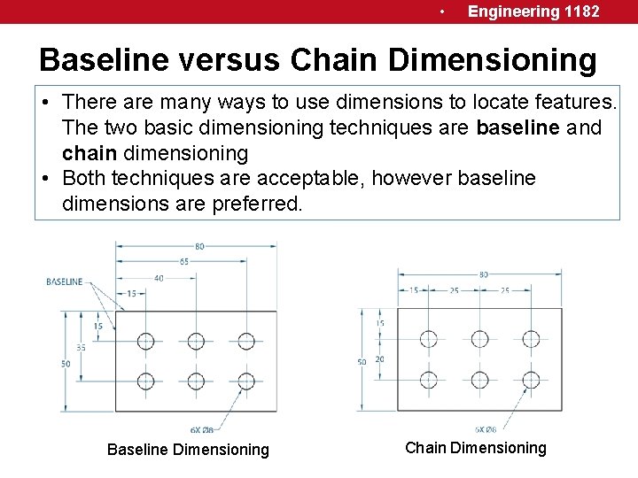  • Engineering 1182 Baseline versus Chain Dimensioning • There are many ways to