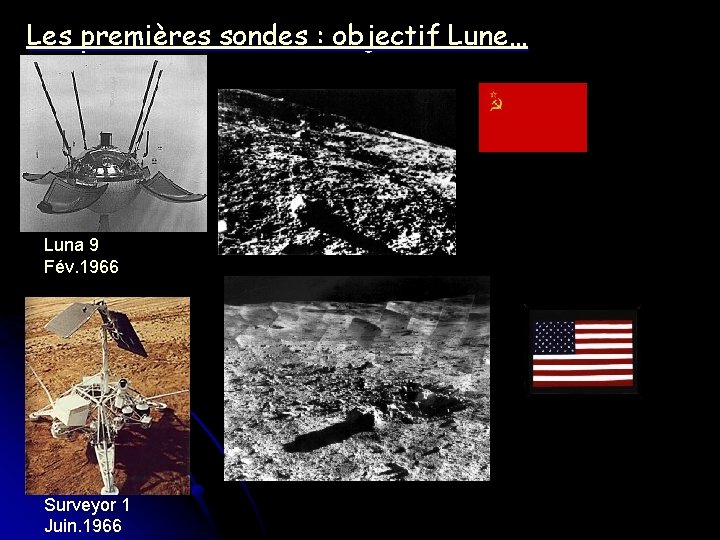 Les premières sondes : objectif Lune… Luna 9 Fév. 1966 Surveyor 1 Juin. 1966