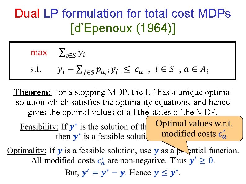 Dual LP formulation for total cost MDPs [d’Epenoux (1964)] Theorem: For a stopping MDP,