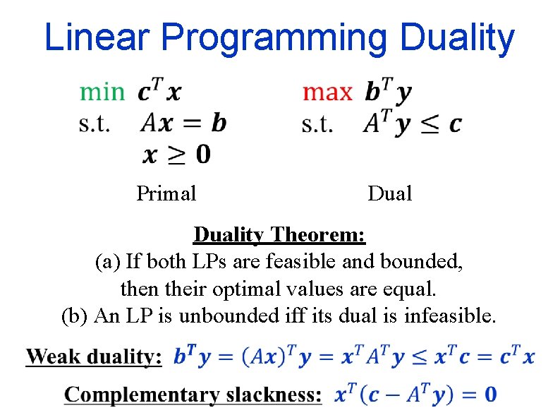 Linear Programming Duality Primal Duality Theorem: (a) If both LPs are feasible and bounded, Linear Programming Duality Primal Duality Theorem: (a) If both LPs are feasible and bounded,