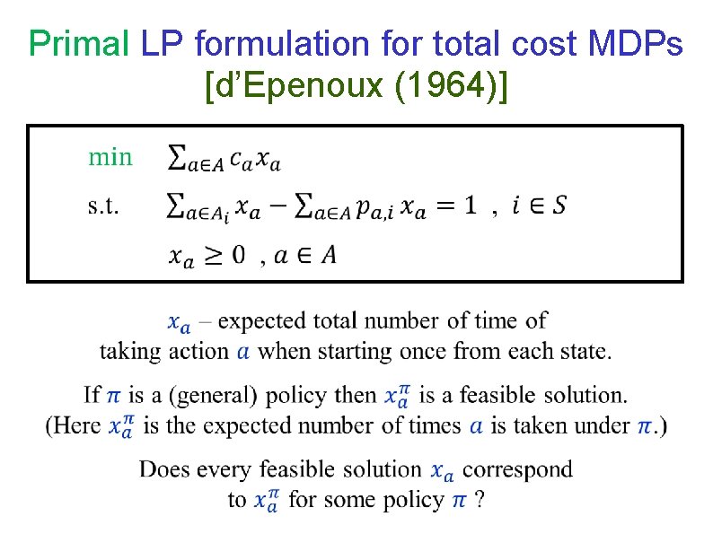 Primal LP formulation for total cost MDPs [d’Epenoux (1964)] 