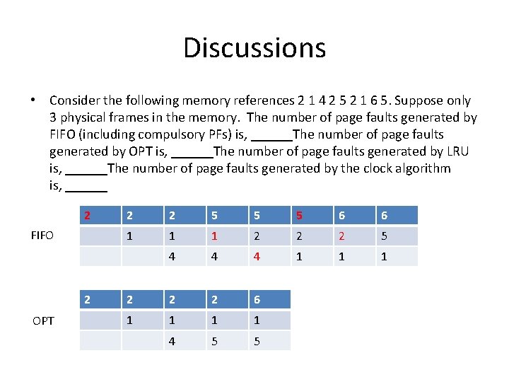 Discussions • Consider the following memory references 2 1 4 2 5 2 1