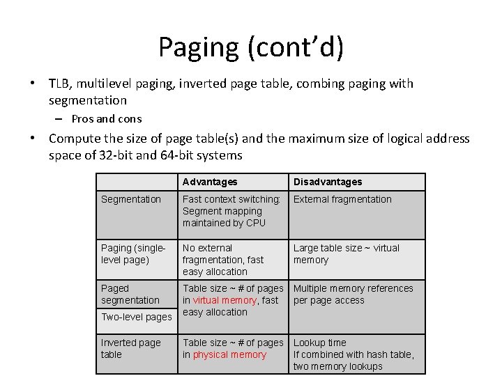 Paging (cont’d) • TLB, multilevel paging, inverted page table, combing paging with segmentation –