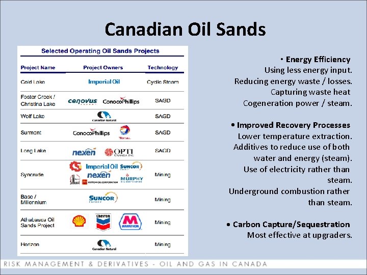 Canadian Oil Sands • Energy Efficiency Using less energy input. Reducing energy waste /