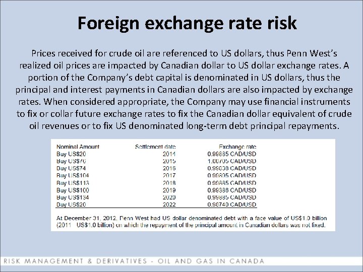 Foreign exchange rate risk Prices received for crude oil are referenced to US dollars,