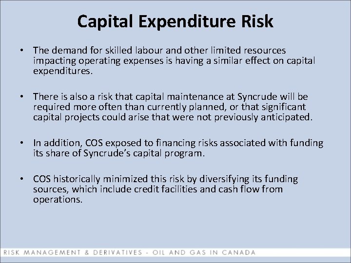 Capital Expenditure Risk • The demand for skilled labour and other limited resources impacting