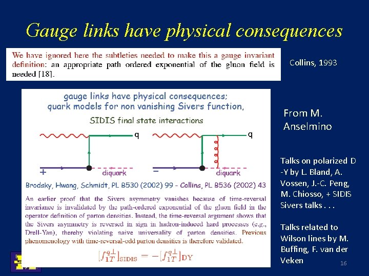 Gauge links have physical consequences Collins, 1993 From M. Anselmino Talks on polarized D