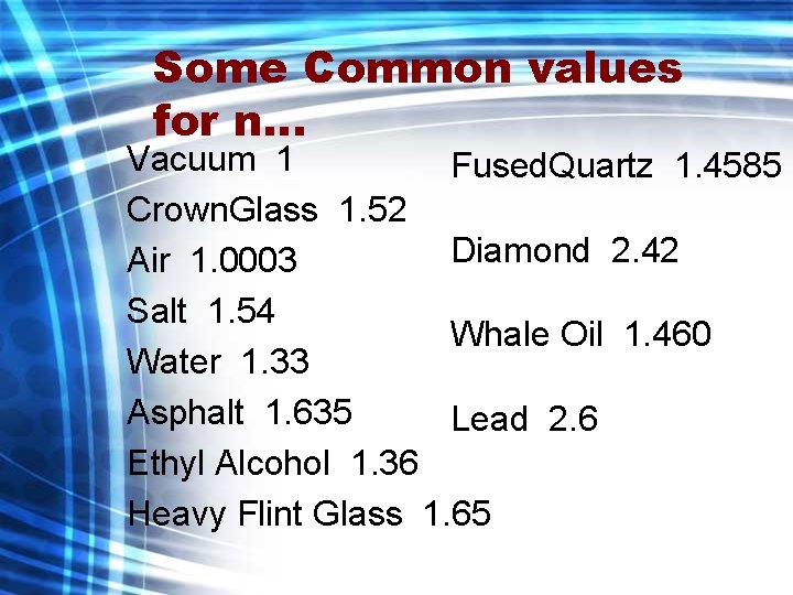 Some Common values for n… Vacuum 1 Fused. Quartz 1. 4585 Crown. Glass 1.