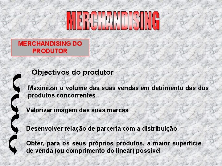 MERCHANDISING DO PRODUTOR Objectivos do produtor Maximizar o volume das suas vendas em detrimento MERCHANDISING DO PRODUTOR Objectivos do produtor Maximizar o volume das suas vendas em detrimento
