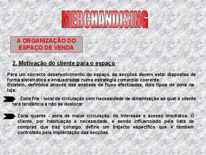 A ORGANIZAÇÃO DO ESPAÇO DE VENDA 2. Motivação do cliente para o espaço Para A ORGANIZAÇÃO DO ESPAÇO DE VENDA 2. Motivação do cliente para o espaço Para