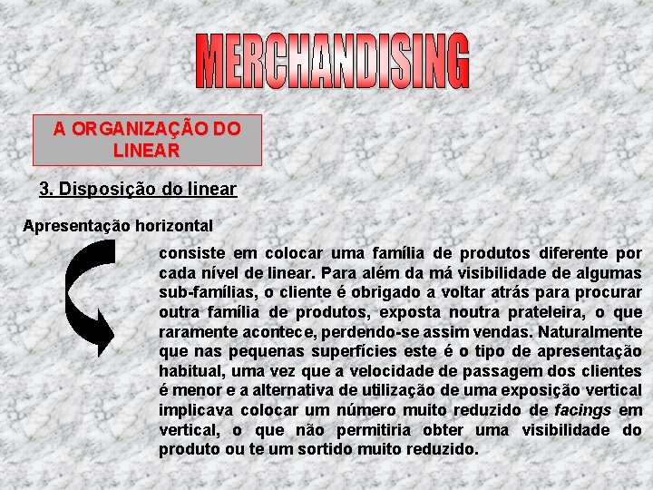 A ORGANIZAÇÃO DO LINEAR 3. Disposição do linear Apresentação horizontal consiste em colocar uma A ORGANIZAÇÃO DO LINEAR 3. Disposição do linear Apresentação horizontal consiste em colocar uma