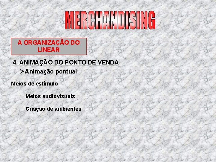 A ORGANIZAÇÃO DO LINEAR 4. ANIMAÇÃO DO PONTO DE VENDA ØAnimação pontual Meios de A ORGANIZAÇÃO DO LINEAR 4. ANIMAÇÃO DO PONTO DE VENDA ØAnimação pontual Meios de