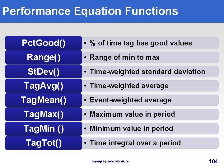 Performance Equation Functions Pct. Good() • % of time tag has good values Range() Performance Equation Functions Pct. Good() • % of time tag has good values Range()