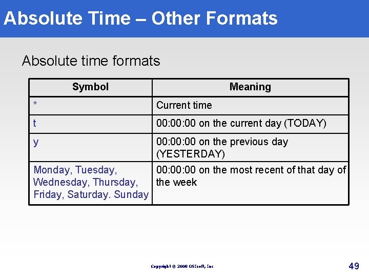 Absolute Time – Other Formats Absolute time formats Symbol Meaning * Current time t Absolute Time – Other Formats Absolute time formats Symbol Meaning * Current time t