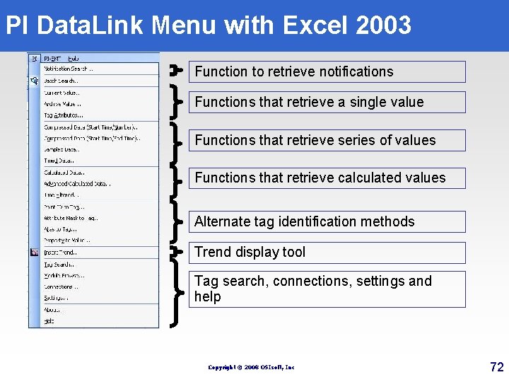 PI Data. Link Menu with Excel 2003 Function to retrieve notifications Functions that retrieve PI Data. Link Menu with Excel 2003 Function to retrieve notifications Functions that retrieve